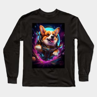 Corgi in Outer Space Funny Welsh Corgi Dog Lover Cyberpunk Long Sleeve T-Shirt